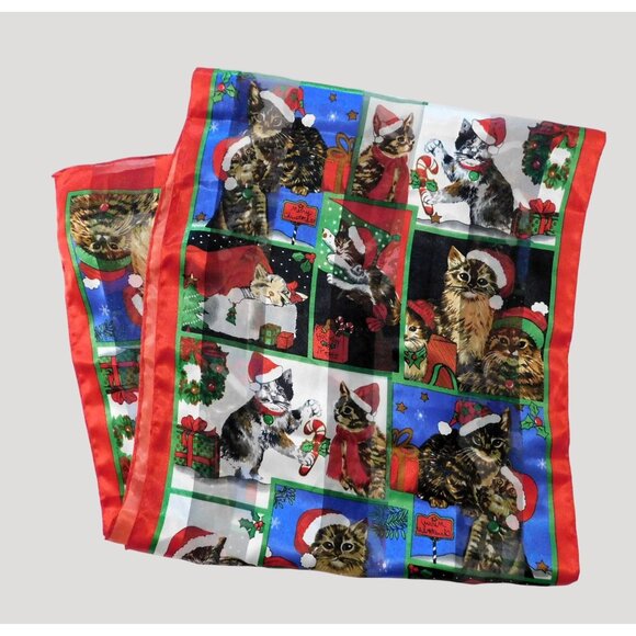 Christmas Cat Scarf 14" X 59" Festive Red Multicolor Polyester Rectangular - Picture 3 of 10